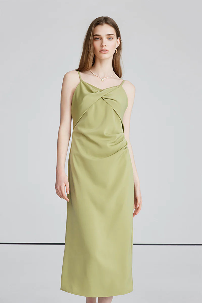 Green Spaghetti-Strap Twist-Front Midi Dress