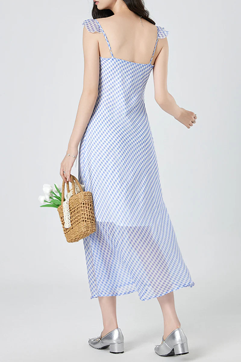 Picnic Gingham Tie-Front Ruffle-Neck Midi Dress