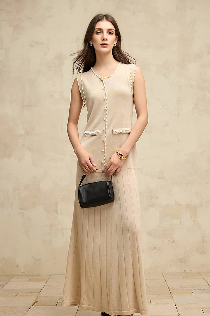 French Sleeveless Handmade Embellished Knit Midi Dress