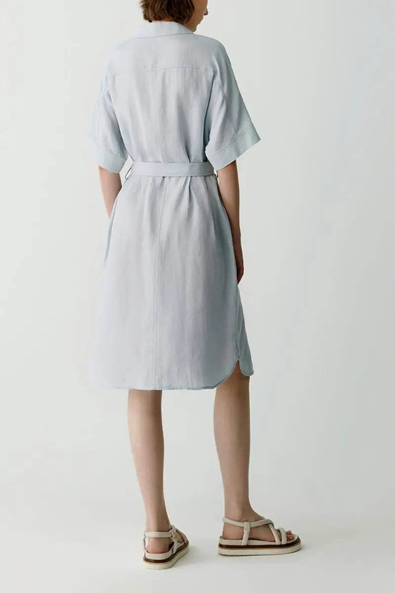 100% Linen Midi Shirt Dress With Belt