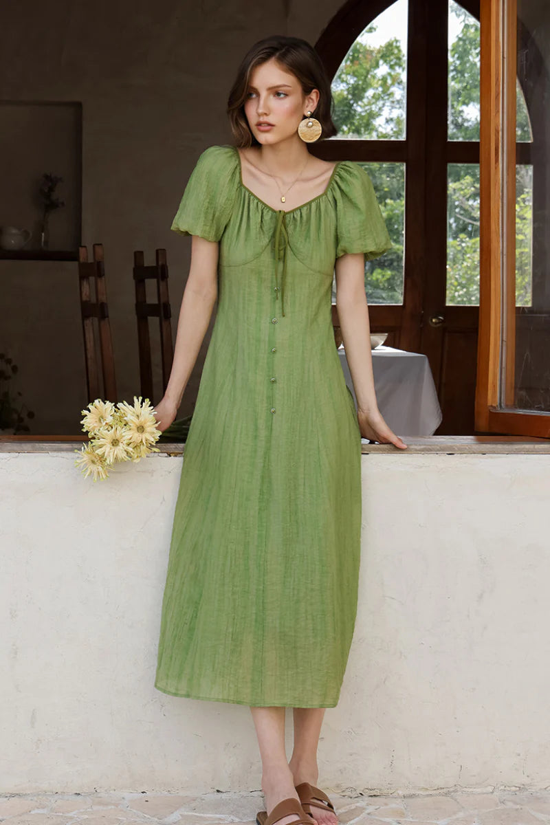Olive Green Lyocell V-Neck Puff-Sleeve Midi Dress