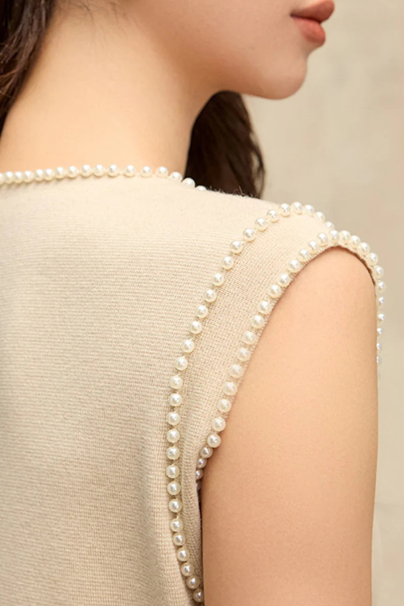French Sleeveless Handmade Embellished Knit Midi Dress