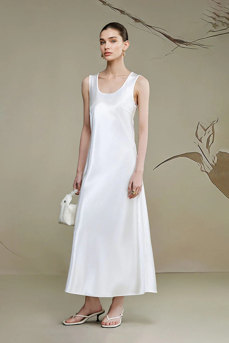 Satin Sleeveless Scoop-Neck Tank Midi Dress
