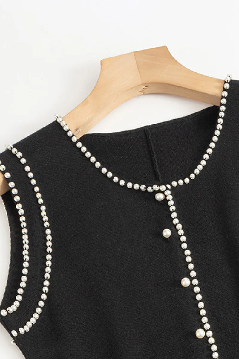 French Sleeveless Handmade Embellished Knit Midi Dress