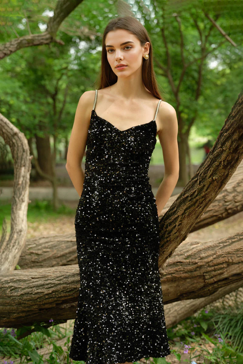 Black Sequin V-Neck Spaghetti-Strap Midi Dress