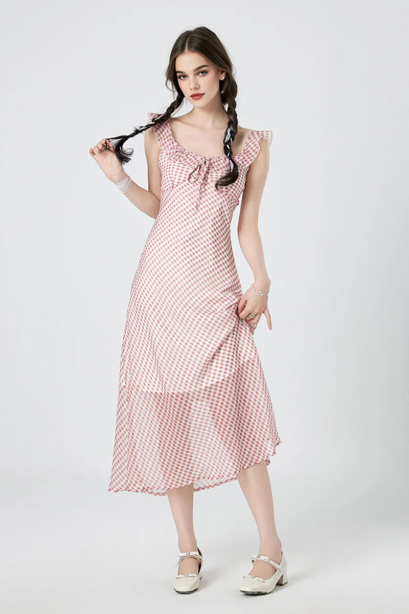 Picnic Gingham Tie-Front Ruffle-Neck Midi Dress