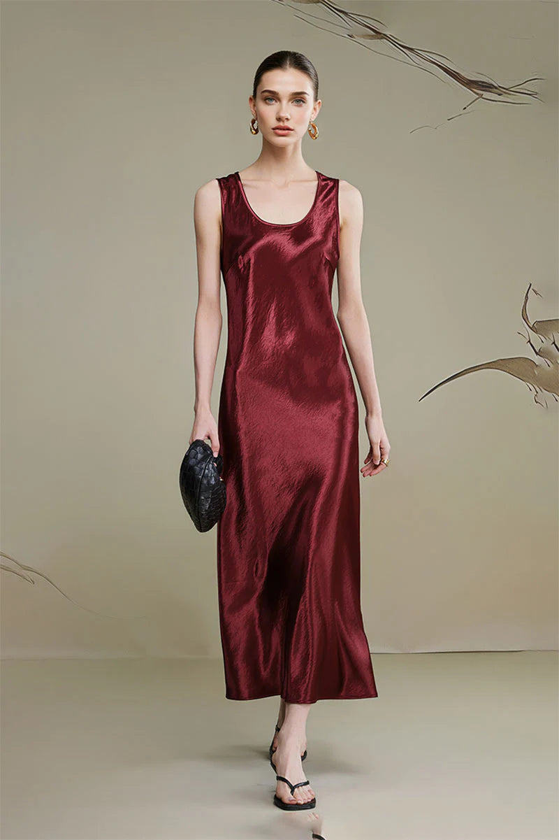 Satin Sleeveless Scoop-Neck Tank Midi Dress