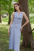 Dusty Blue Cowl-Neck Sleeveless Midi Dress