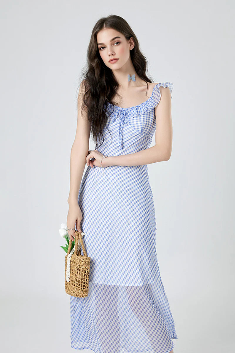 Picnic Gingham Tie-Front Ruffle-Neck Midi Dress