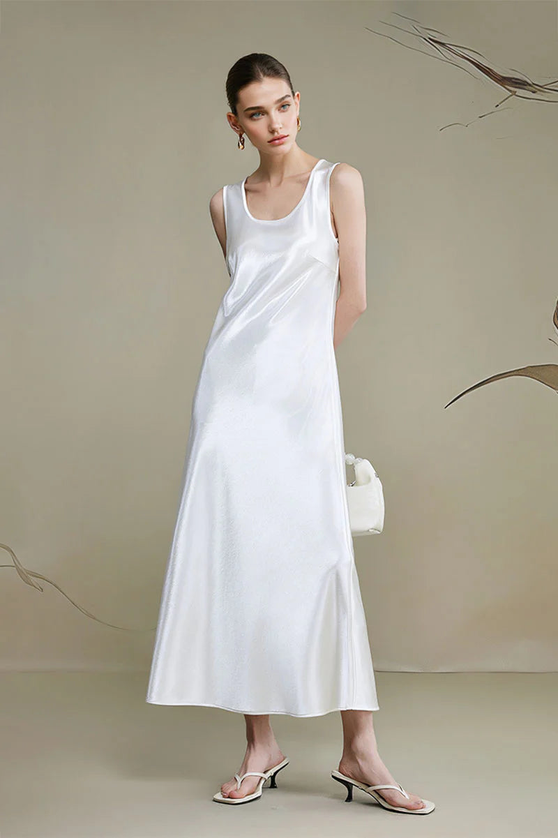 Satin Sleeveless Scoop-Neck Tank Midi Dress