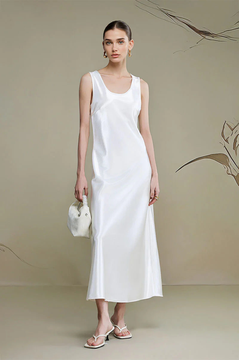 Satin Sleeveless Scoop-Neck Tank Midi Dress