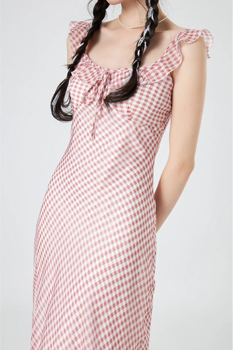 Picnic Gingham Tie-Front Ruffle-Neck Midi Dress