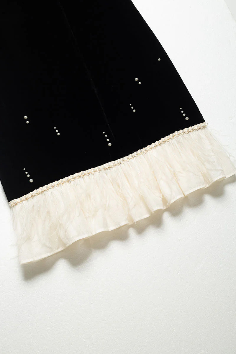 Ostrich-Feather Velvet Elbow-Sleeve Midi Dress with Pearl Trim