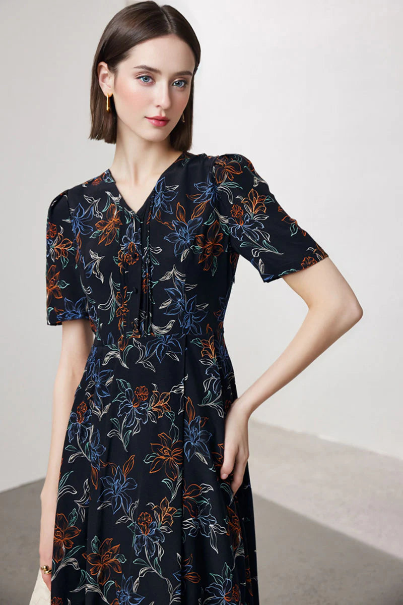 100 Mulberry Silk Floral A-Line Short-Sleeve V-Neck Midi Dress