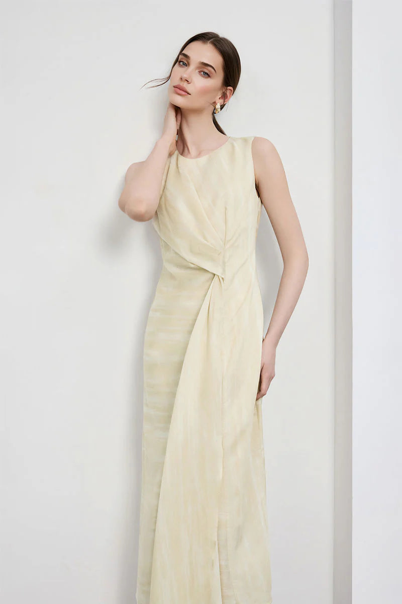 Draped Sleeveless Midi Dress in Yellow Ombre