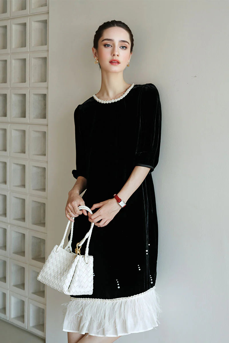 Ostrich-Feather Velvet Elbow-Sleeve Midi Dress with Pearl Trim