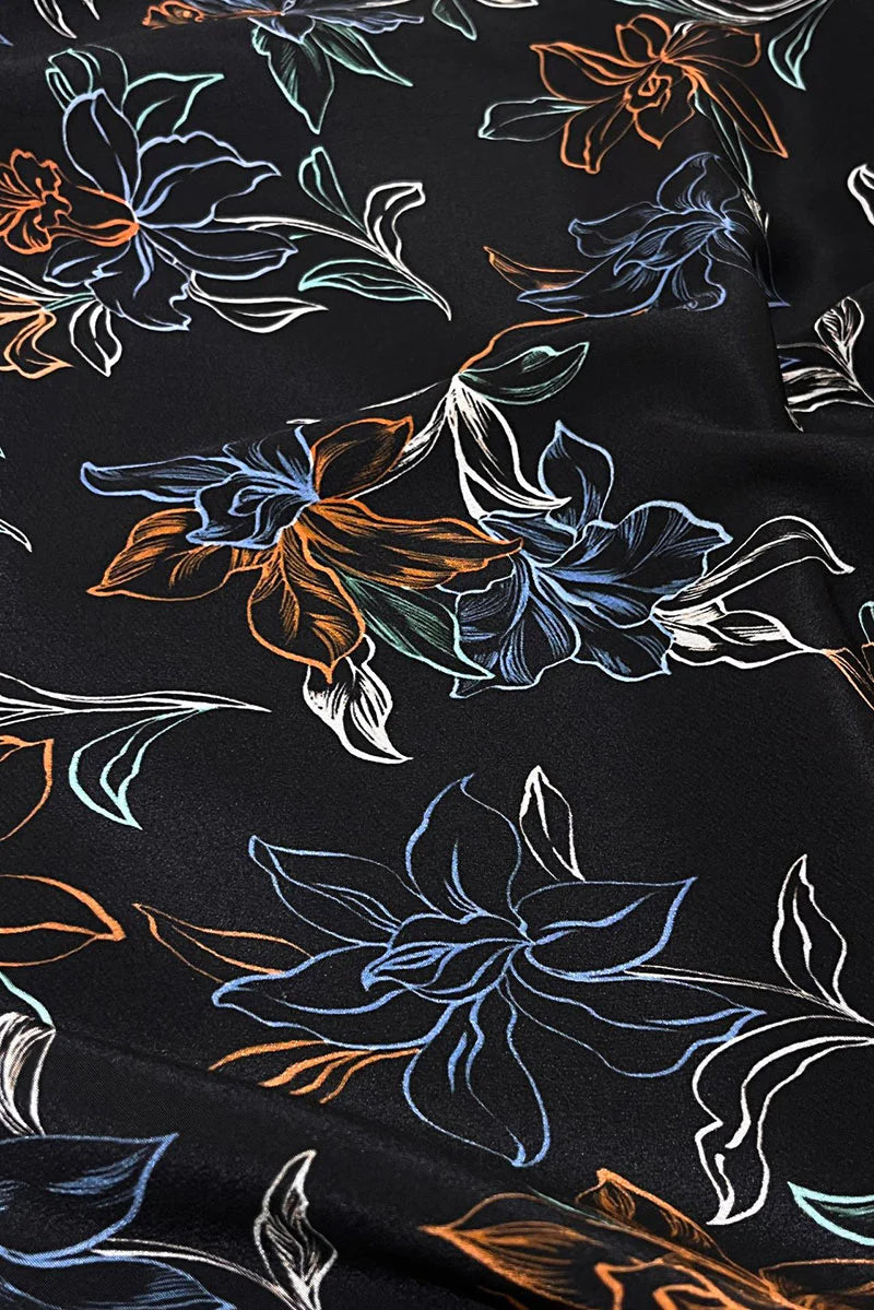 100 Mulberry Silk Floral A-Line Short-Sleeve V-Neck Midi Dress