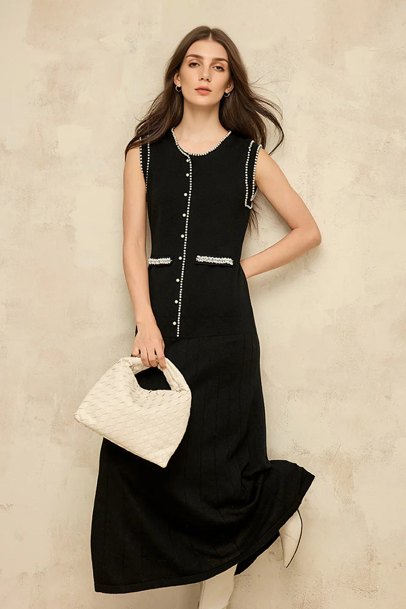 French Sleeveless Handmade Embellished Knit Midi Dress