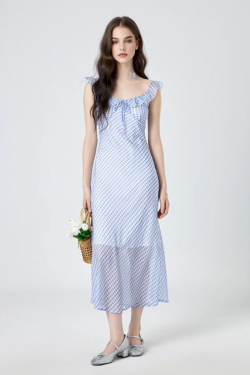Picnic Gingham Tie-Front Ruffle-Neck Midi Dress
