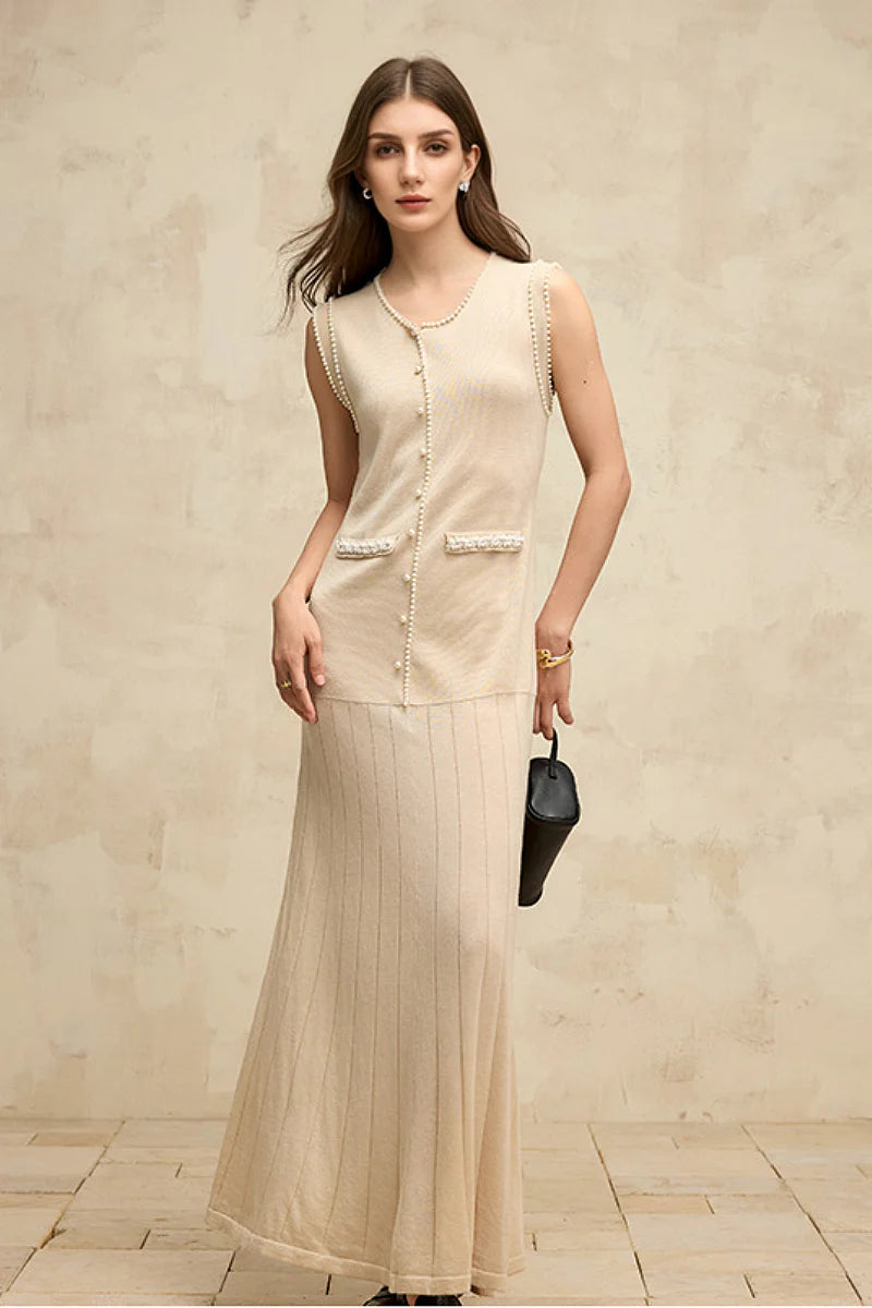 French Sleeveless Handmade Embellished Knit Midi Dress