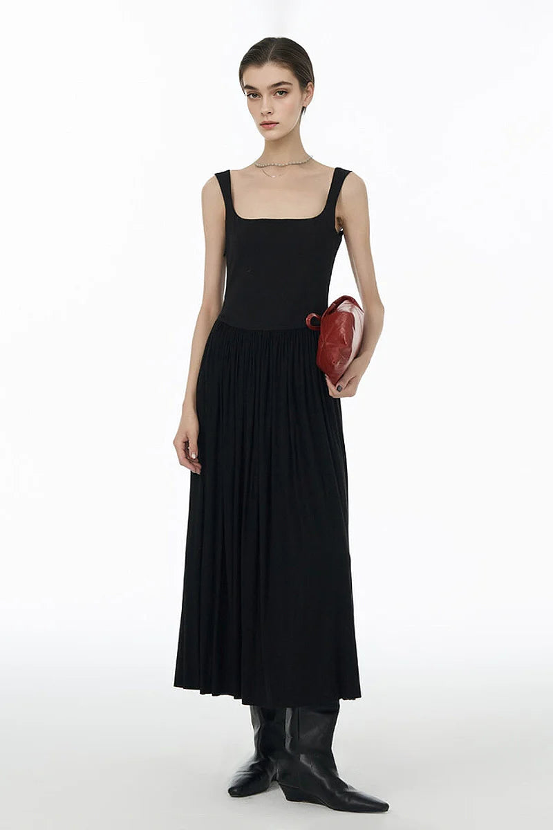 Black Sleeveless Pleated Square-Neck Tank Midi Dress