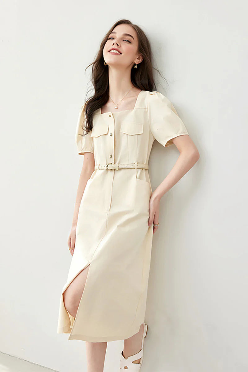 Ivory Cargo Square-Neck Belted Midi Dress