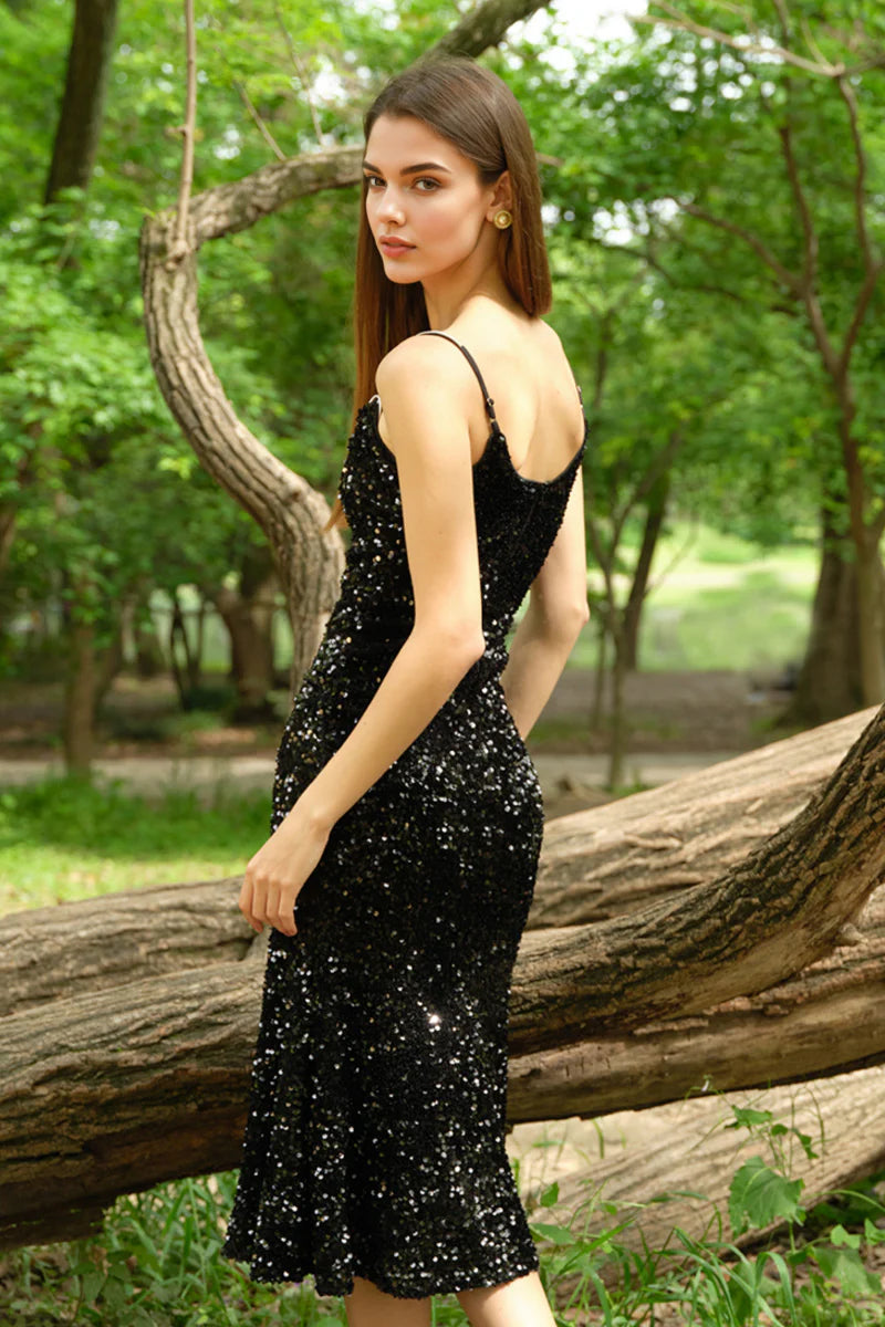 Black Sequin V-Neck Spaghetti-Strap Midi Dress