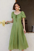 Olive Green Lyocell V-Neck Puff-Sleeve Midi Dress