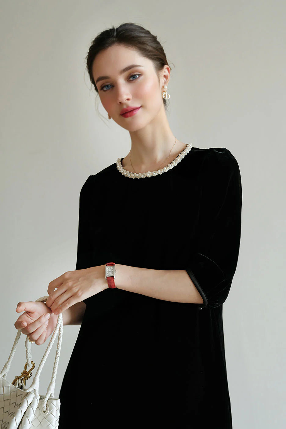 Ostrich-Feather Velvet Elbow-Sleeve Midi Dress with Pearl Trim