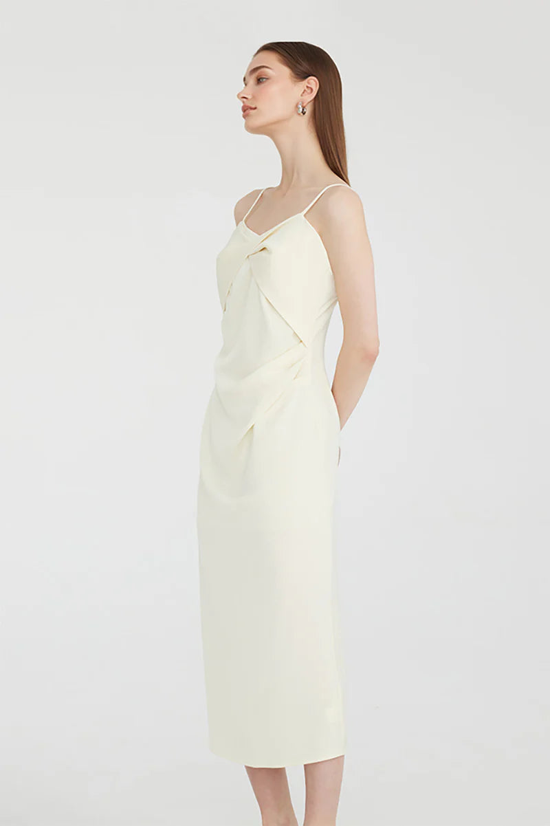 White Spaghetti-Strap Twist-Front Midi Dress
