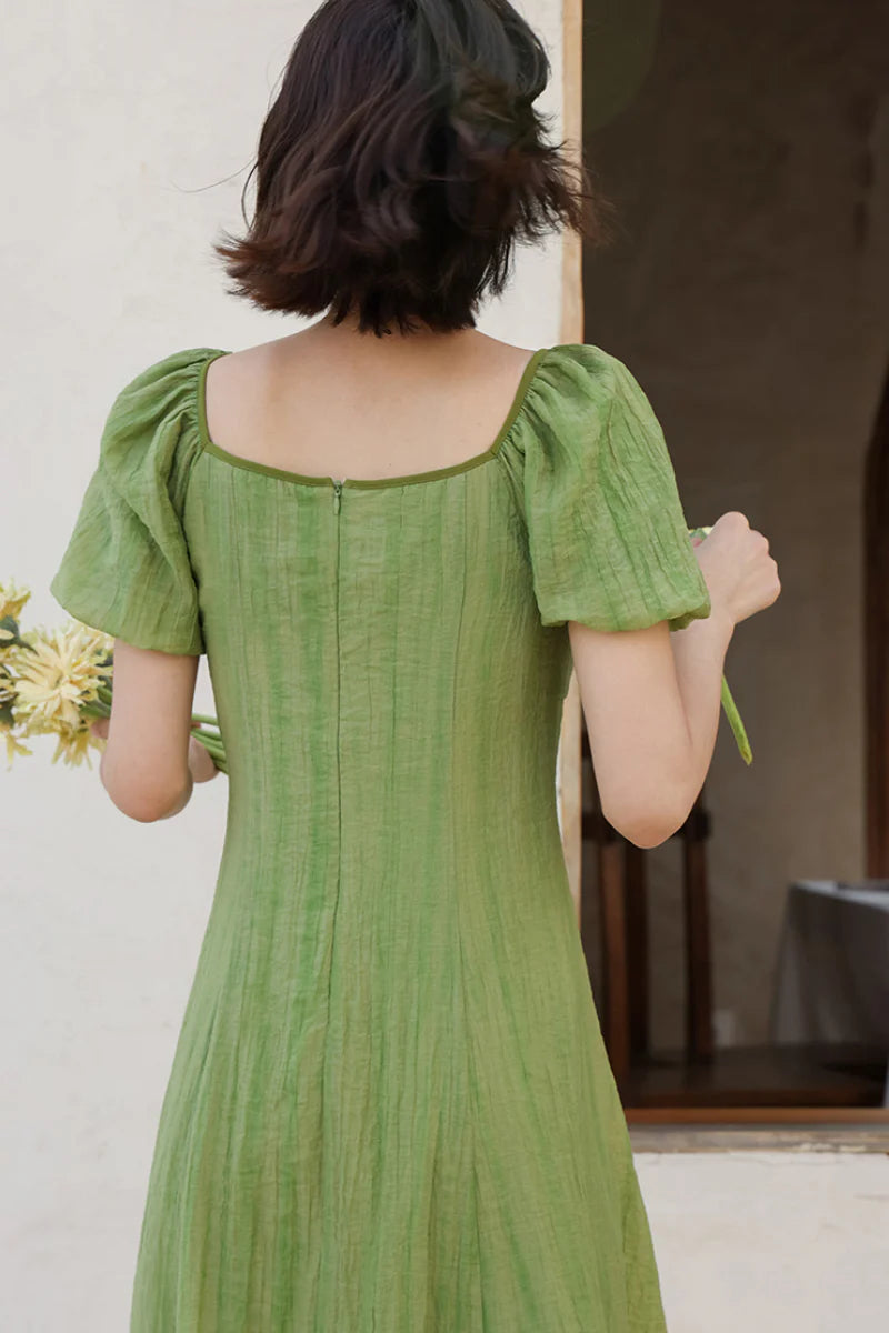 Olive Green Lyocell V-Neck Puff-Sleeve Midi Dress
