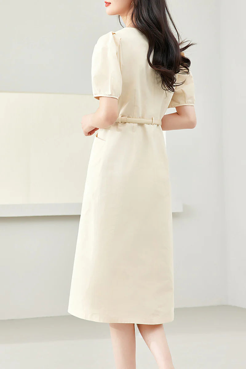Ivory Cargo Square-Neck Belted Midi Dress