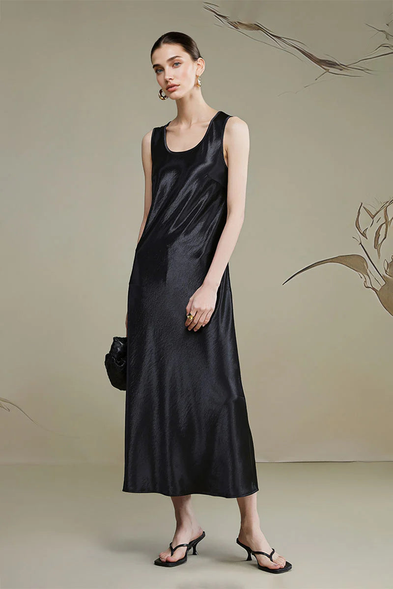 Satin Sleeveless Scoop-Neck Tank Midi Dress
