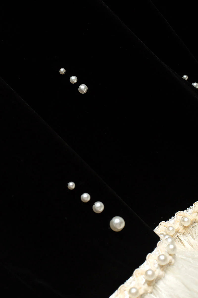Ostrich-Feather Velvet Elbow-Sleeve Midi Dress with Pearl Trim