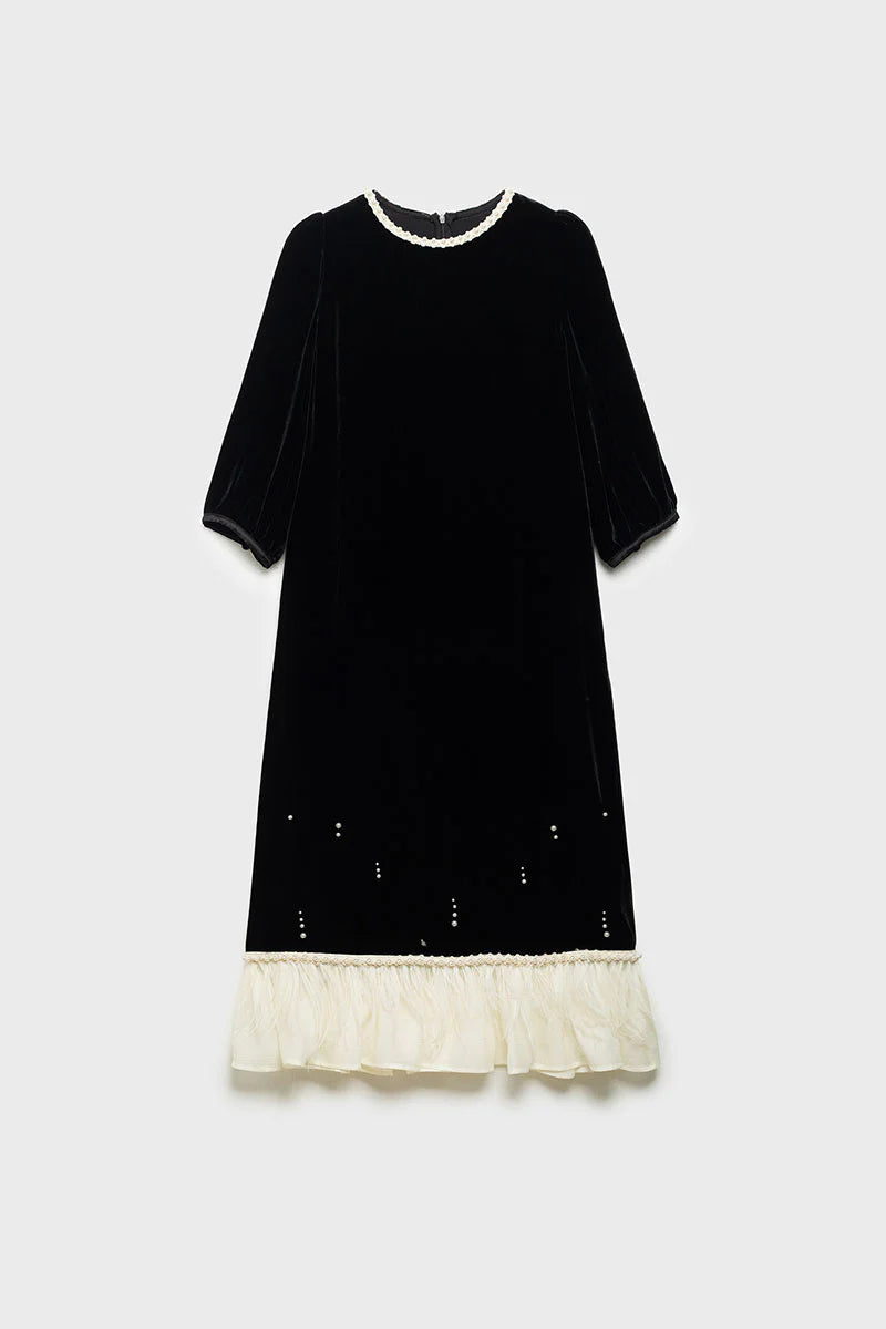Ostrich-Feather Velvet Elbow-Sleeve Midi Dress with Pearl Trim