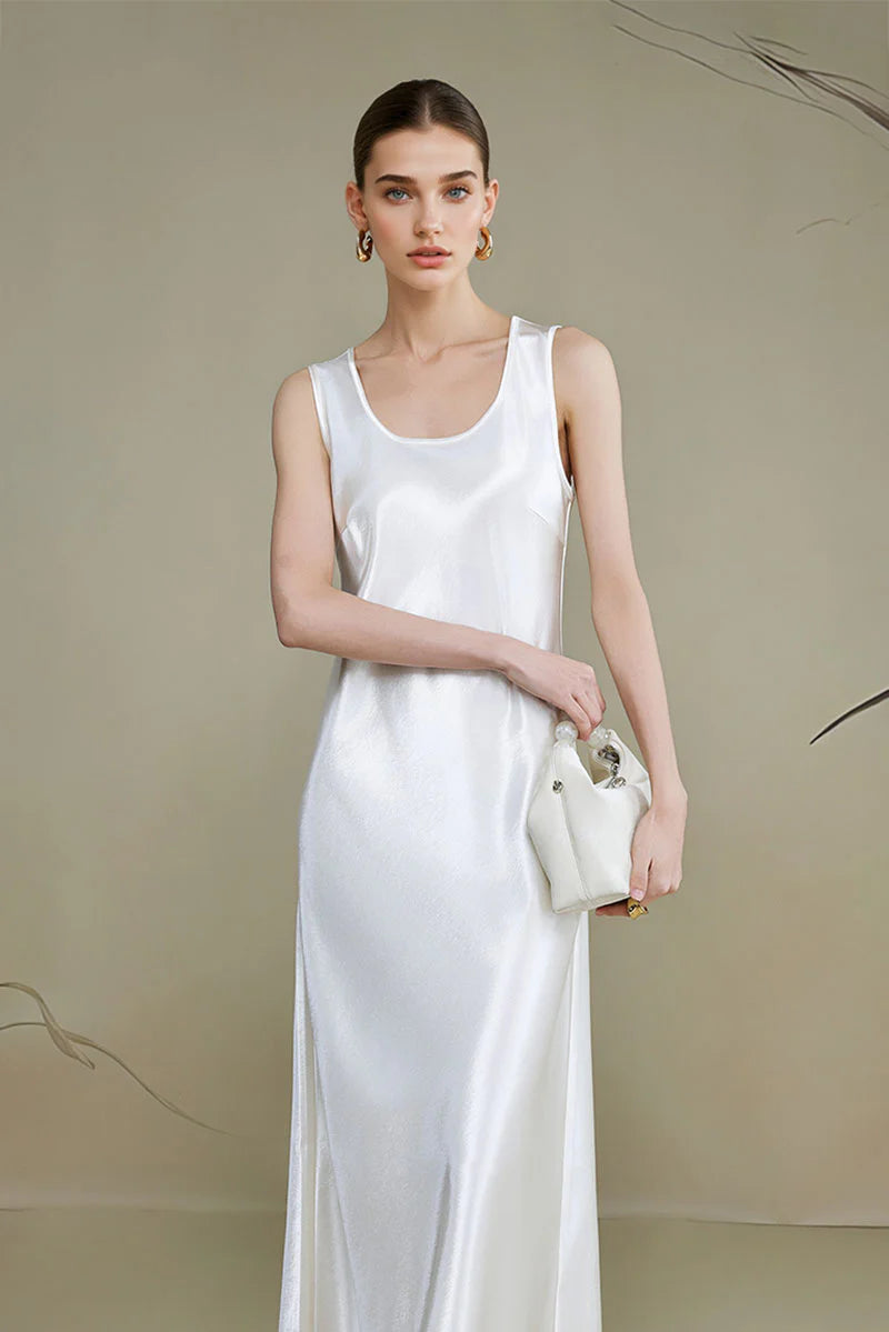 Satin Sleeveless Scoop-Neck Tank Midi Dress