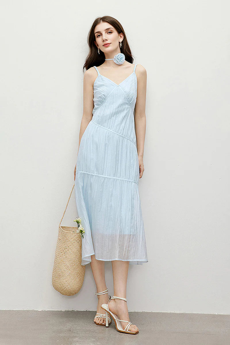 Baby Blue V-Neck Spaghetti-Strap Textured Midi Dress
