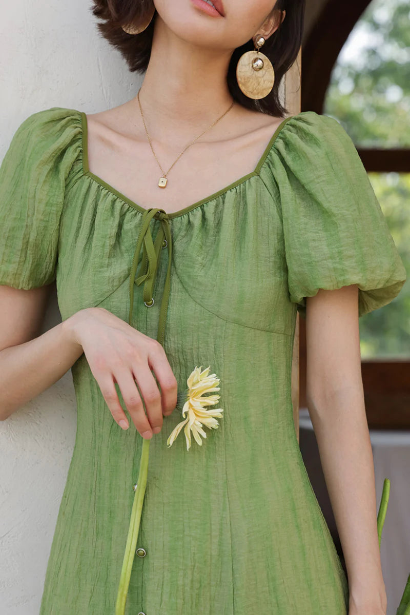 Olive Green Lyocell V-Neck Puff-Sleeve Midi Dress