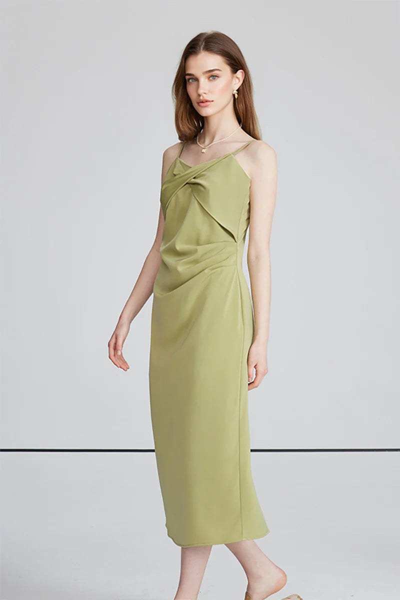 Green Spaghetti-Strap Twist-Front Midi Dress