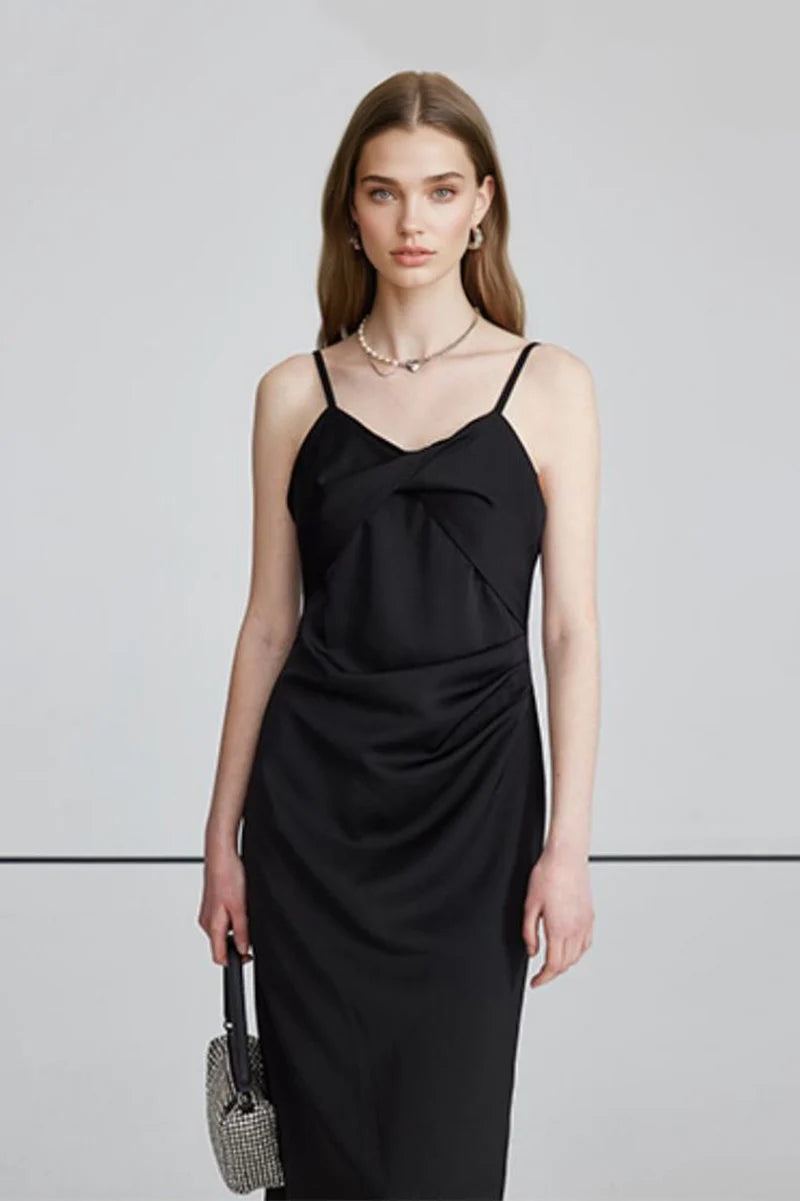 Black Spaghetti-Strap Twist-Front Midi Dress