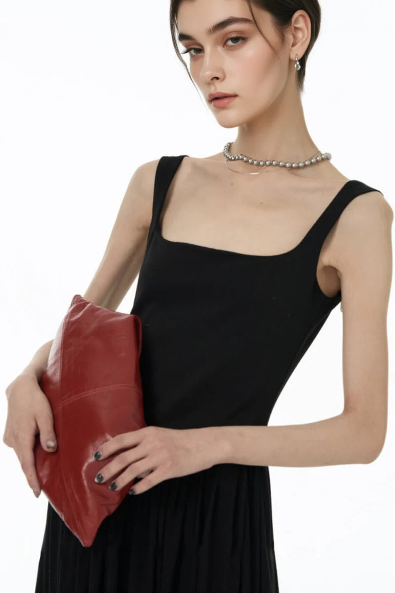 Black Sleeveless Pleated Square-Neck Tank Midi Dress
