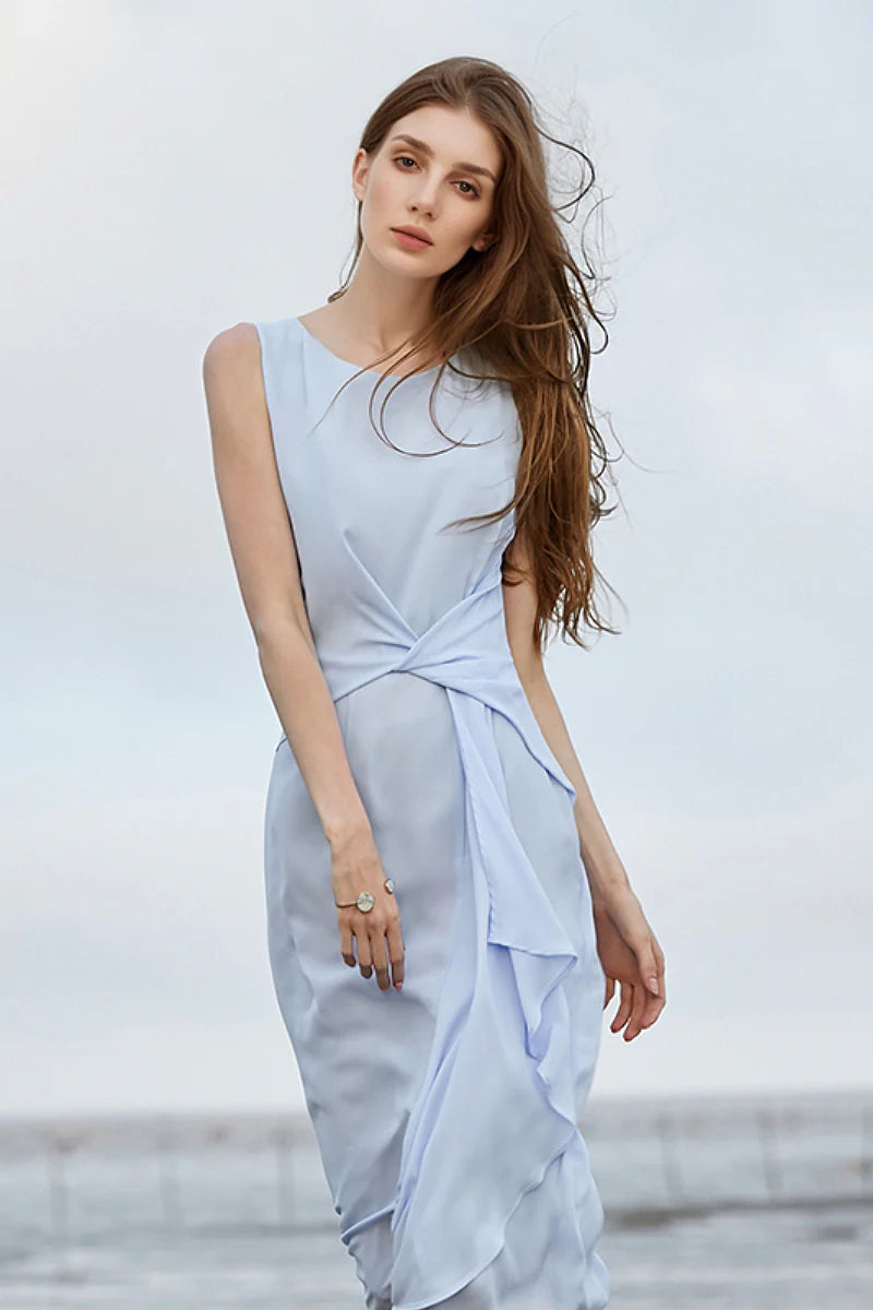 Light Blue Sleeveless Draped Midi Dress