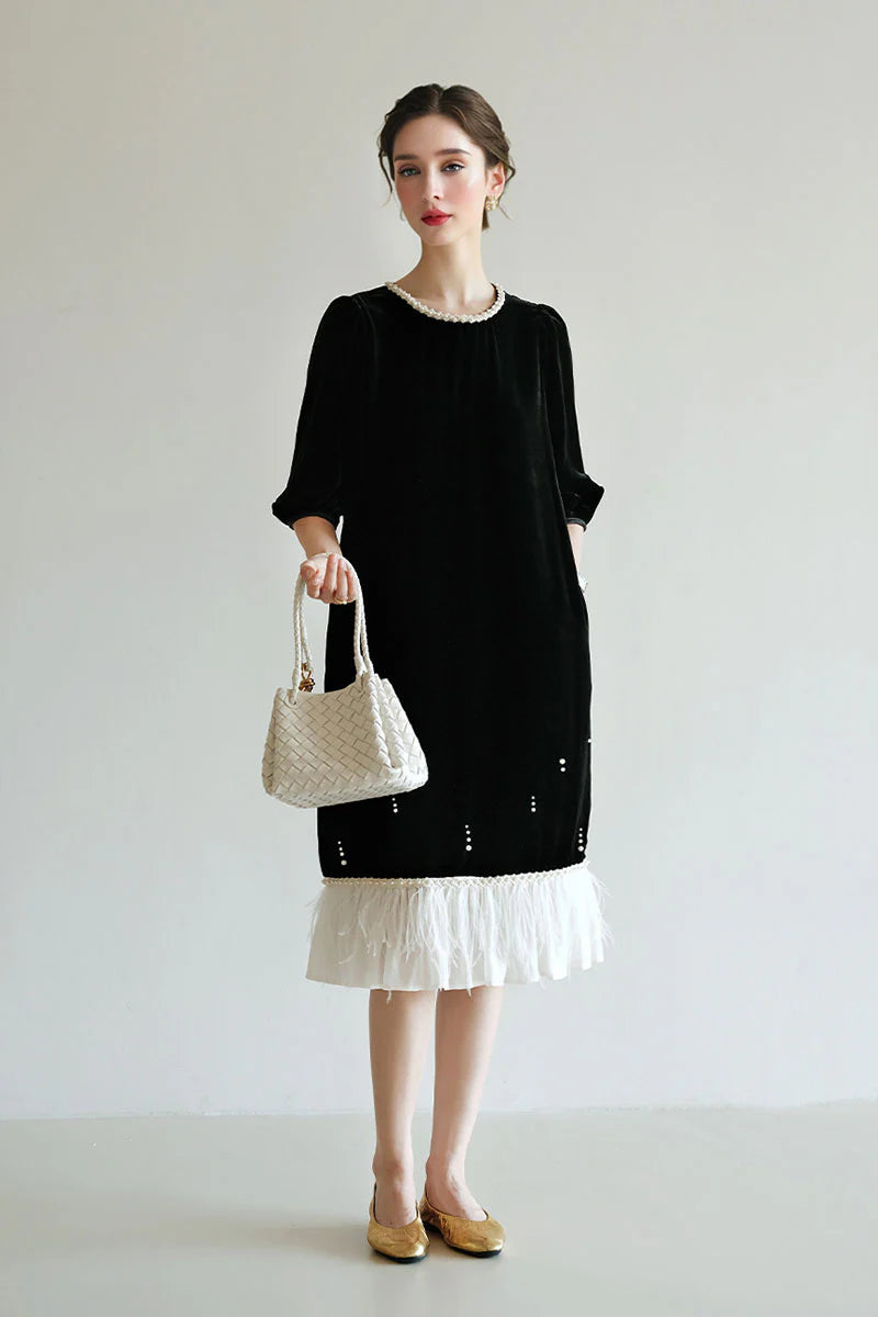 Ostrich-Feather Velvet Elbow-Sleeve Midi Dress with Pearl Trim