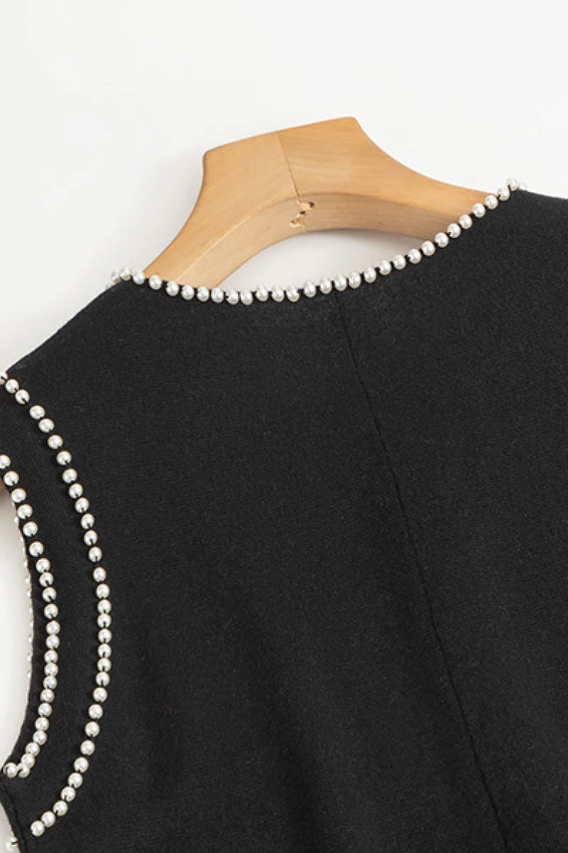 French Sleeveless Handmade Embellished Knit Midi Dress