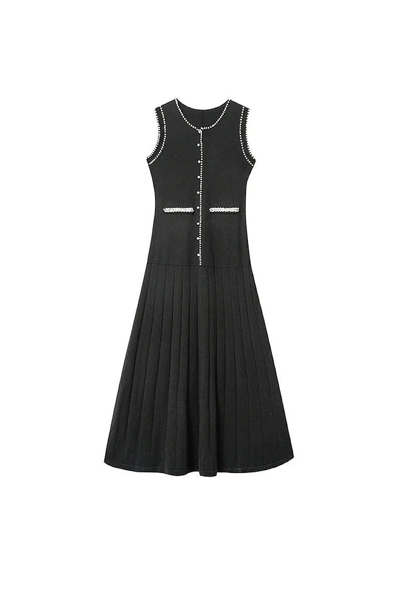 French Sleeveless Handmade Embellished Knit Midi Dress