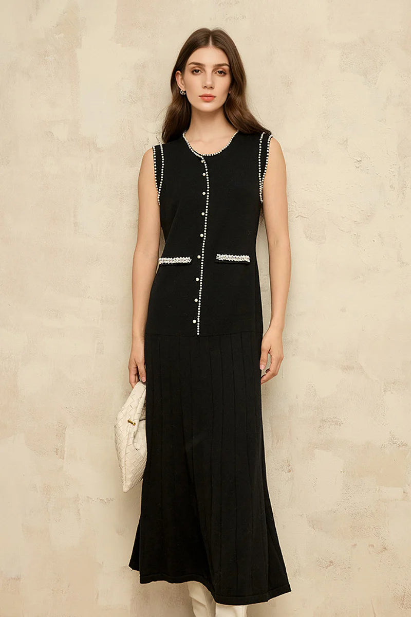French Sleeveless Handmade Embellished Knit Midi Dress