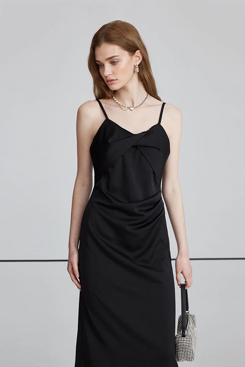 Black Spaghetti-Strap Twist-Front Midi Dress