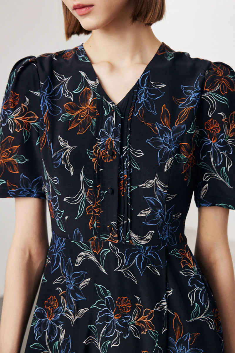 100 Mulberry Silk Floral A-Line Short-Sleeve V-Neck Midi Dress