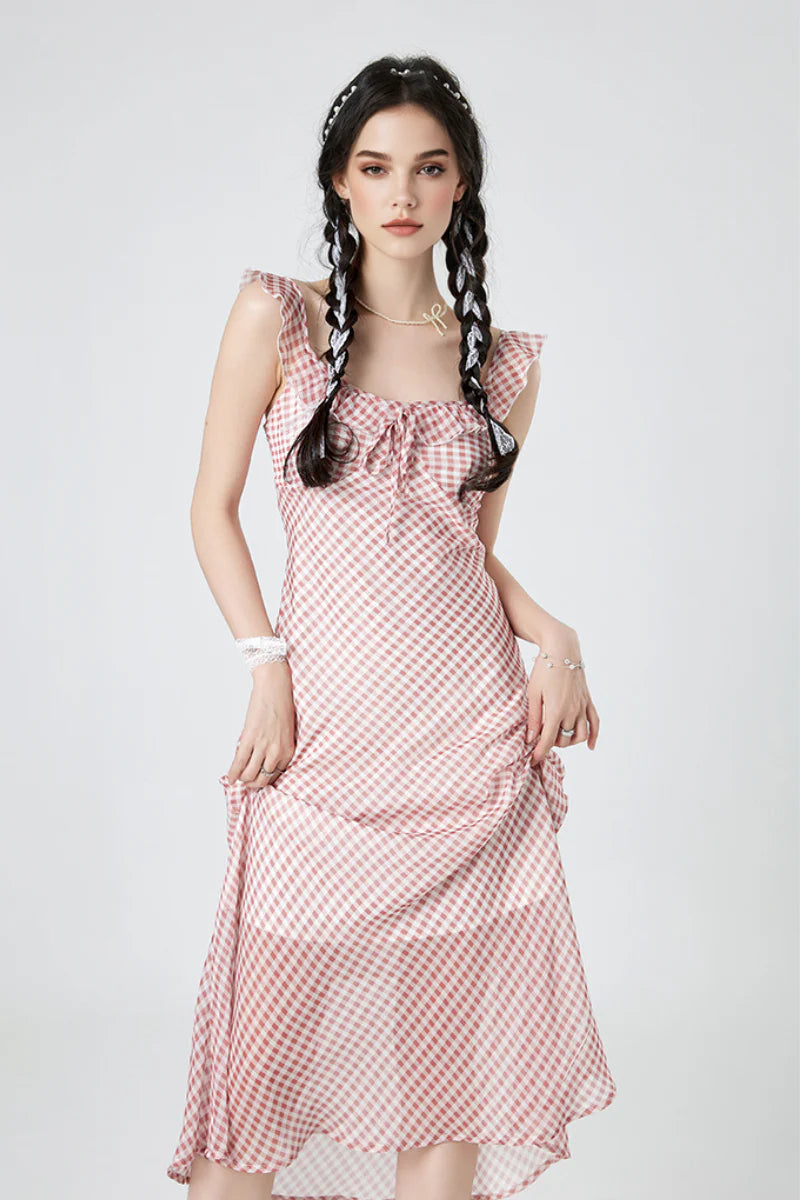 Picnic Gingham Tie-Front Ruffle-Neck Midi Dress