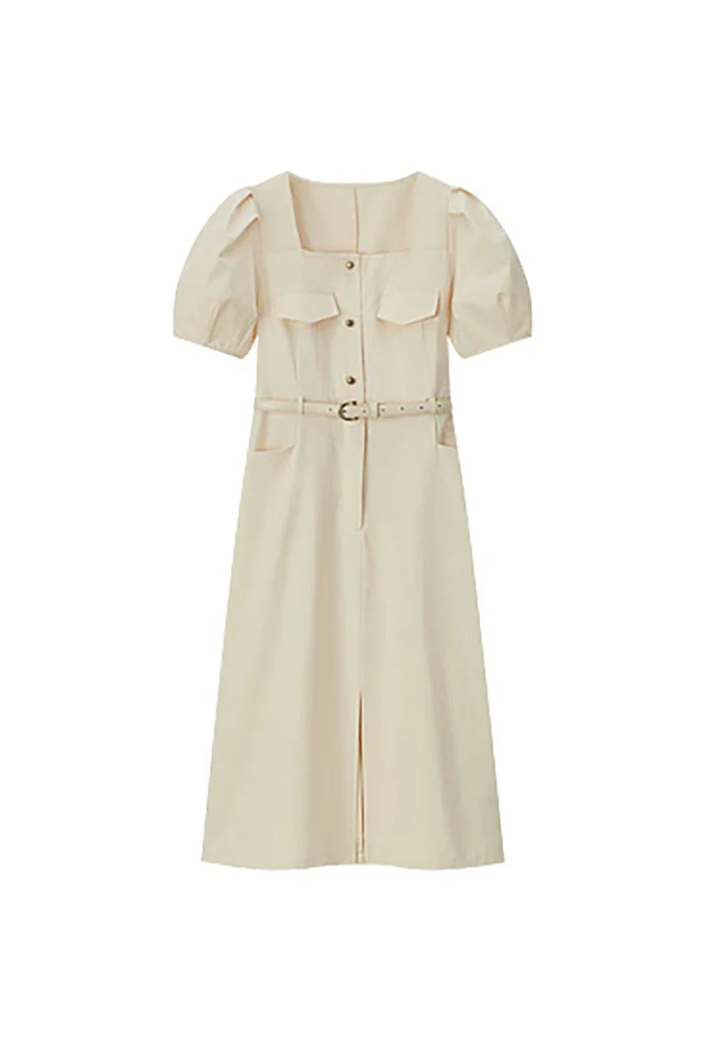 Ivory Cargo Square-Neck Belted Midi Dress